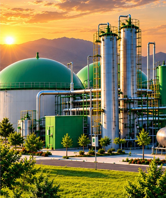 CBG facility at golden hour with green domed digester tanks, steel purification towers and pipework beside landscaped grounds