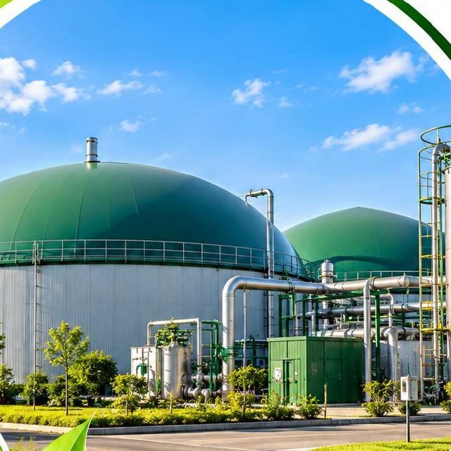 Large green-domed anaerobic digester tanks