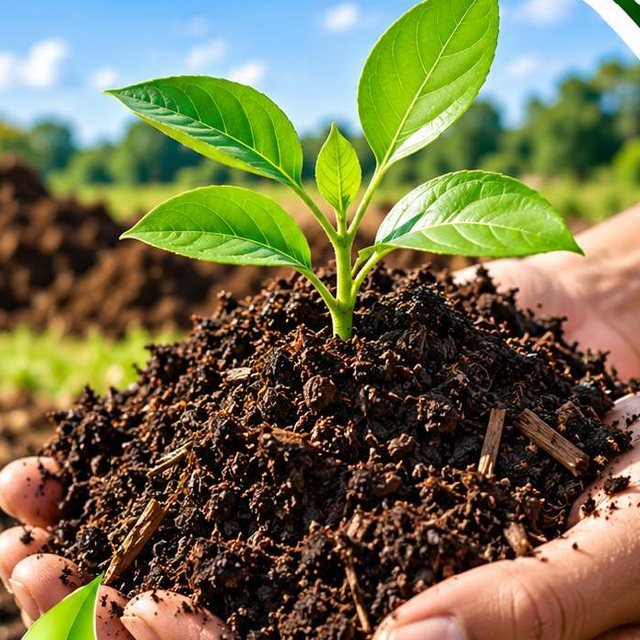 Hands holding rich dark soil with a green seedling