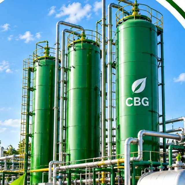 Tall green gas purification columns labelled CBG