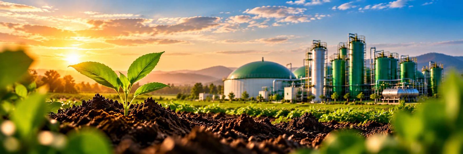 Panorama of farmland at sunrise with a seedling in the foreground and the CBG facility on the horizon