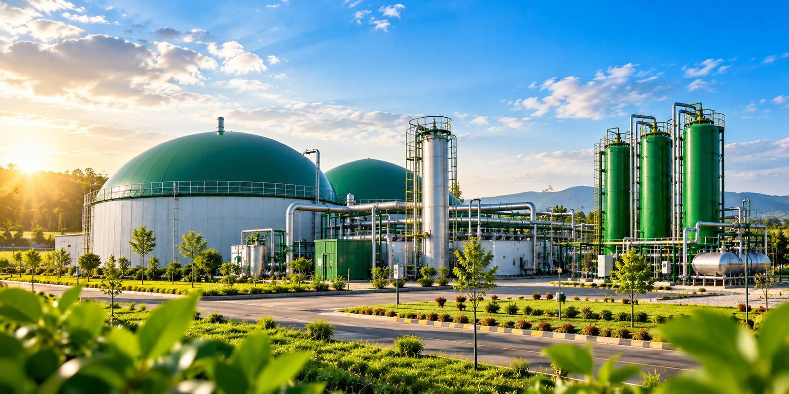 CBG plant with digester domes, purification towers and pipework under a bright sky