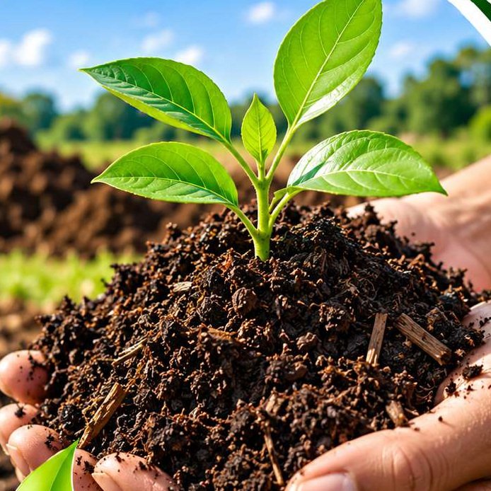 Hands holding rich dark soil with a green seedling