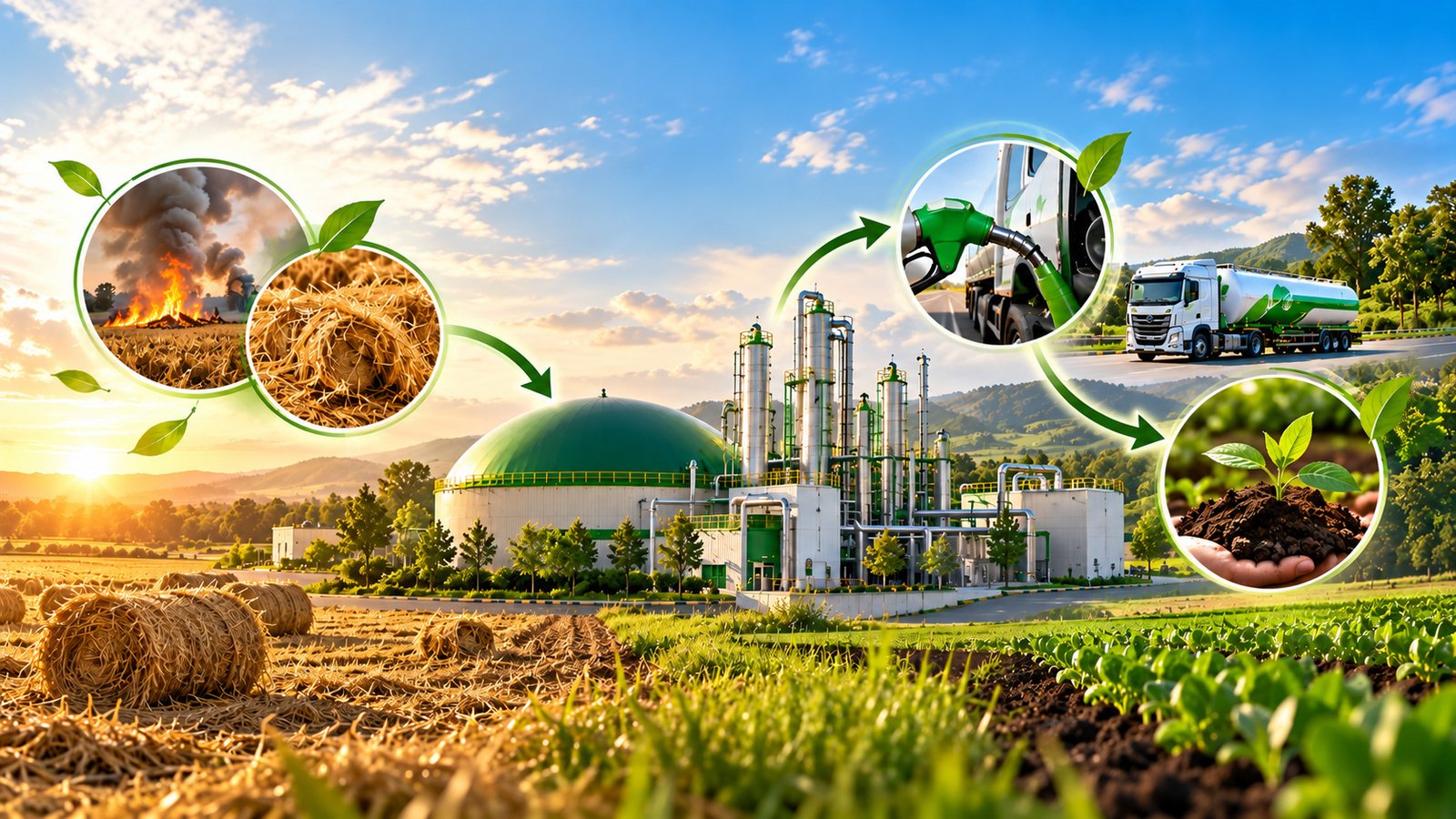 CBG facility with a green digester dome and processing towers between crop-residue fields and green farmland, with circular images of residue burning, straw, a CBG tanker being refuelled and organic manure